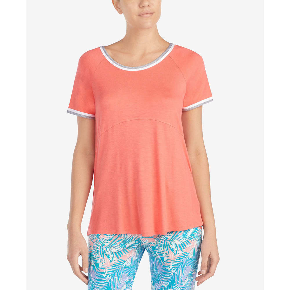 Layla Womens Contrast Trim Pajama Top,Coral,Small